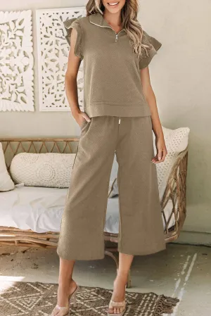 On The Go Pale Khaki Flutter Sleeve Top and Pants Set