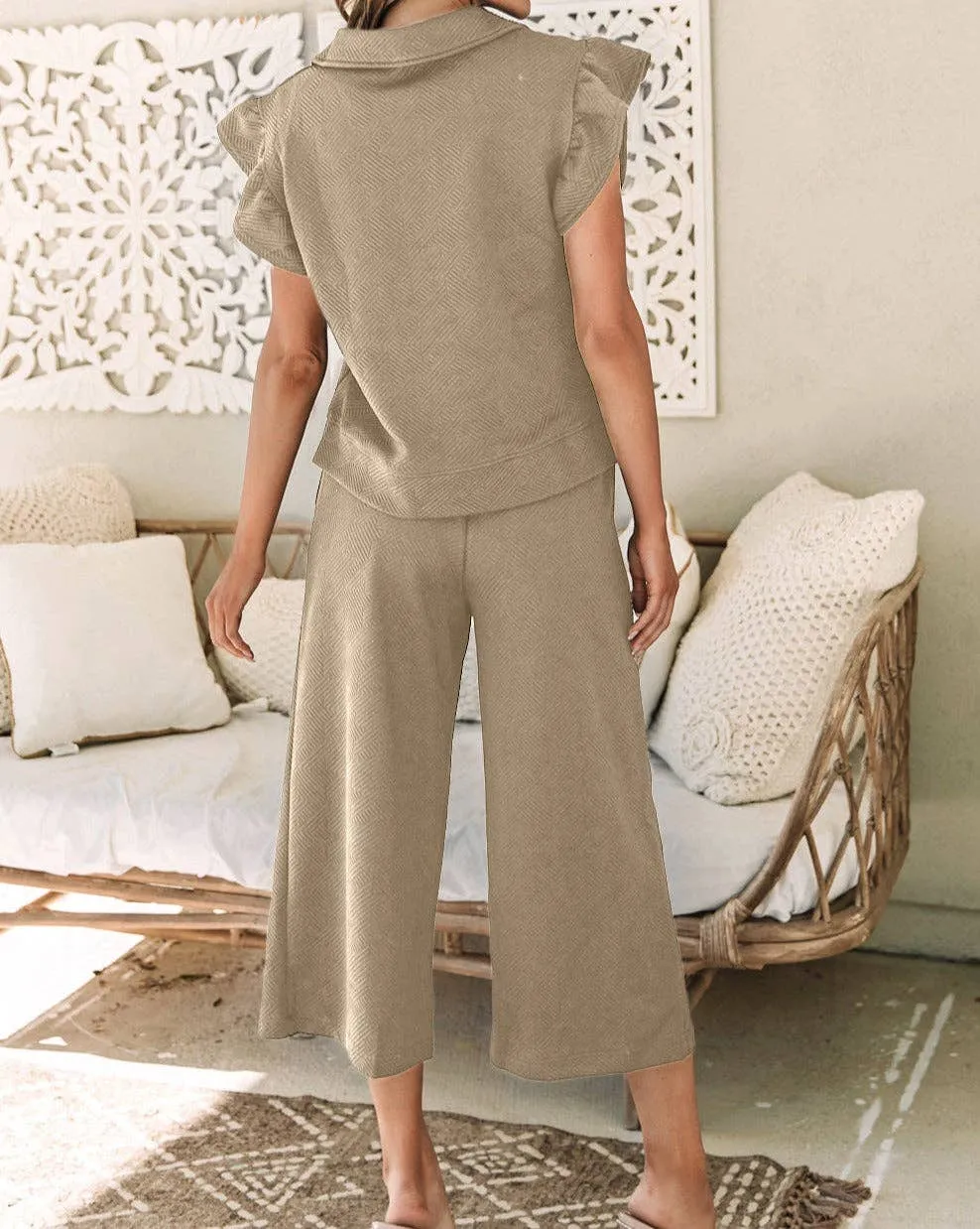 On The Go Pale Khaki Flutter Sleeve Top and Pants Set