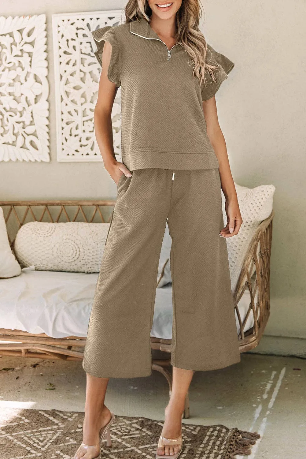 On The Go Pale Khaki Flutter Sleeve Top and Pants Set