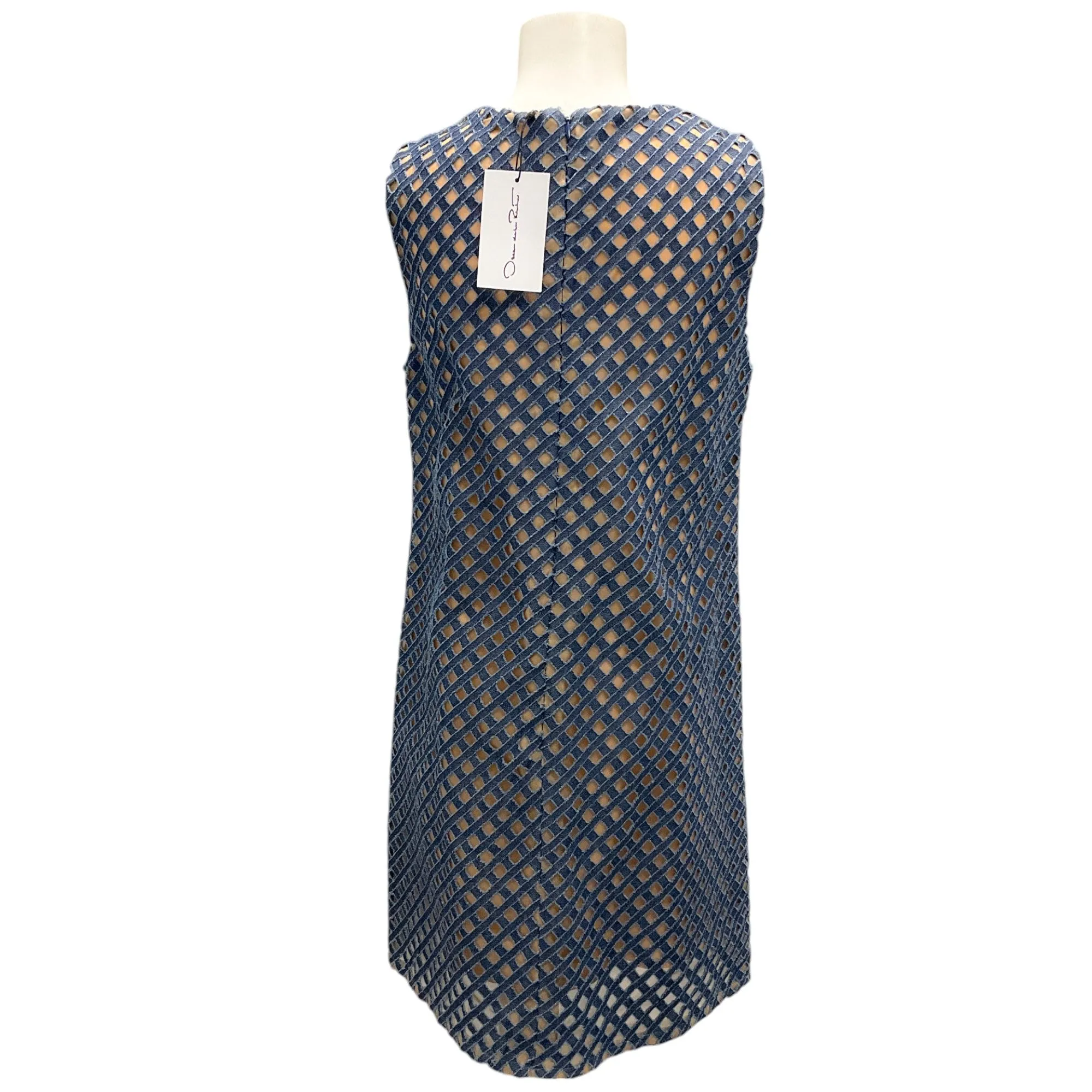 Oscar de la Renta Blue / Beige Lattice Denim Silk-Lined Shift Dress