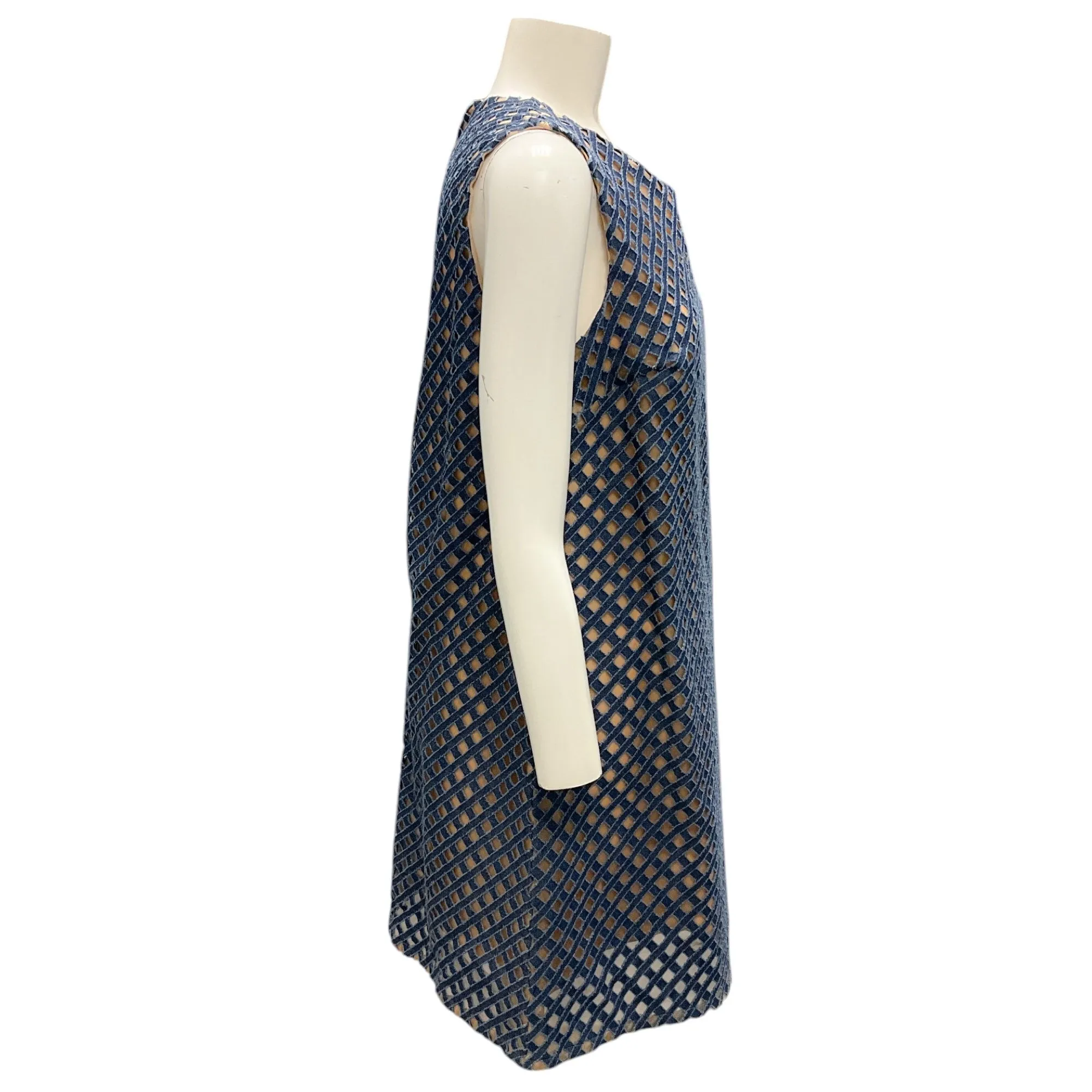 Oscar de la Renta Blue / Beige Lattice Denim Silk-Lined Shift Dress