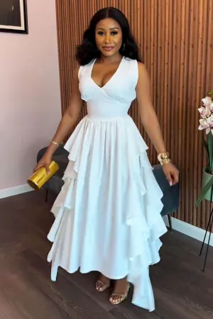 Overlap V Neck Ruffle Cinch Waist Sleeveless Maxi Dresses-White [Pre Order]