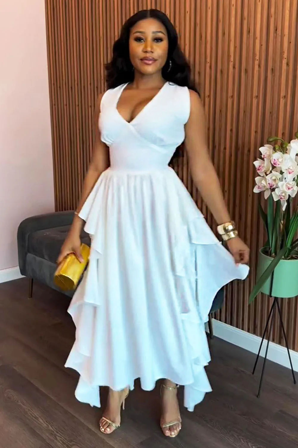 Overlap V Neck Ruffle Cinch Waist Sleeveless Maxi Dresses-White [Pre Order]