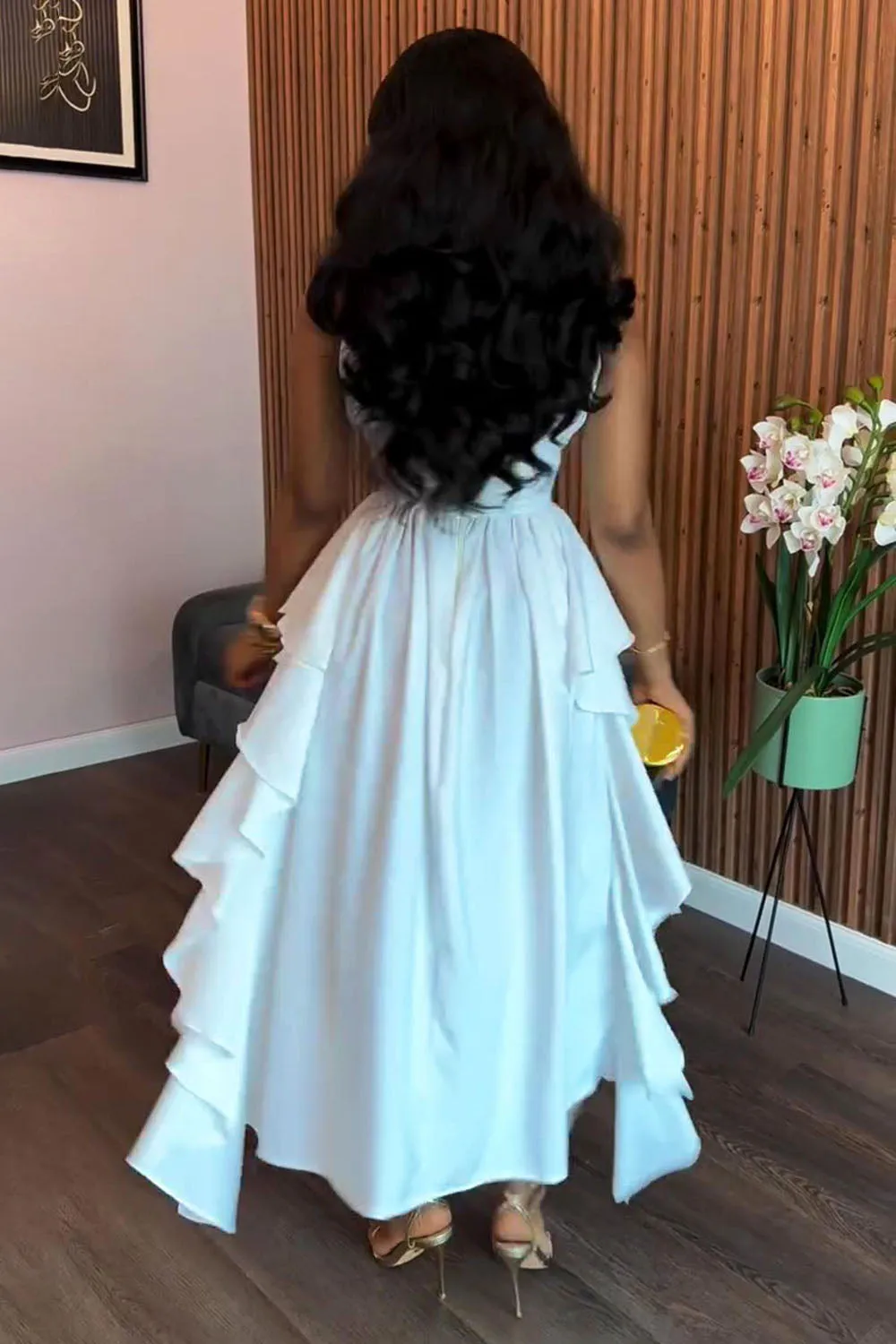 Overlap V Neck Ruffle Cinch Waist Sleeveless Maxi Dresses-White [Pre Order]