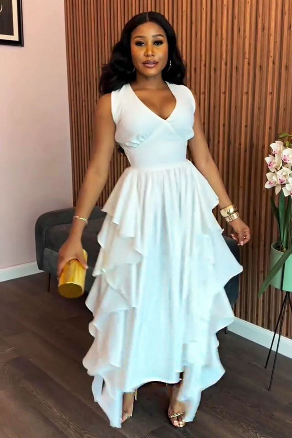 Overlap V Neck Ruffle Cinch Waist Sleeveless Maxi Dresses-White [Pre Order]