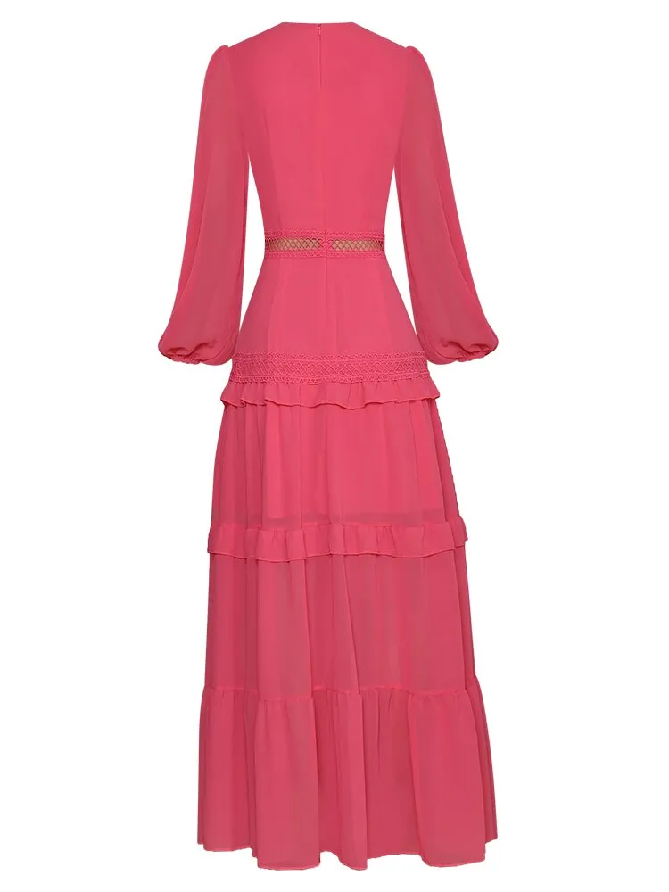 Paola V-Collar Lantern sleeve Hollow Ruffles Casual Green Maxi Dress