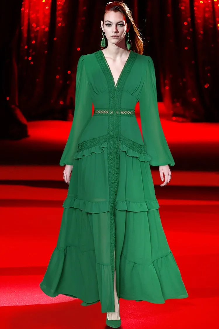 Paola V-Collar Lantern sleeve Hollow Ruffles Casual Green Maxi Dress