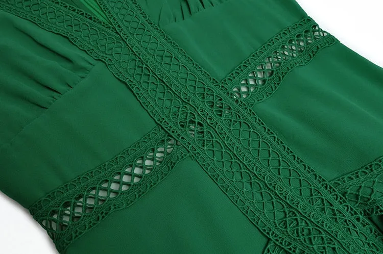 Paola V-Collar Lantern sleeve Hollow Ruffles Casual Green Maxi Dress