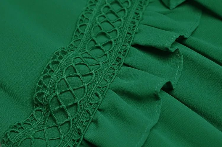 Paola V-Collar Lantern sleeve Hollow Ruffles Casual Green Maxi Dress