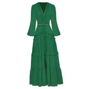 Paola V-Collar Lantern sleeve Hollow Ruffles Casual Green Maxi Dress
