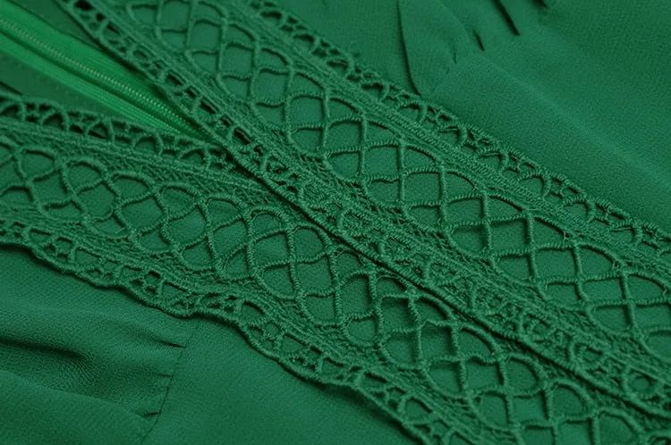 Paola V-Collar Lantern sleeve Hollow Ruffles Casual Green Maxi Dress