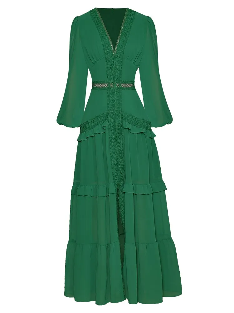 Paola V-Collar Lantern sleeve Hollow Ruffles Casual Green Maxi Dress