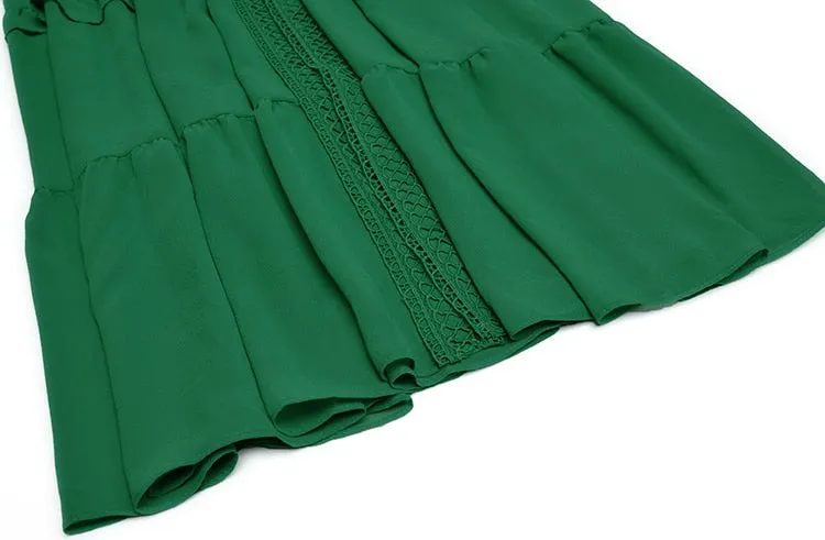 Paola V-Collar Lantern sleeve Hollow Ruffles Casual Green Maxi Dress