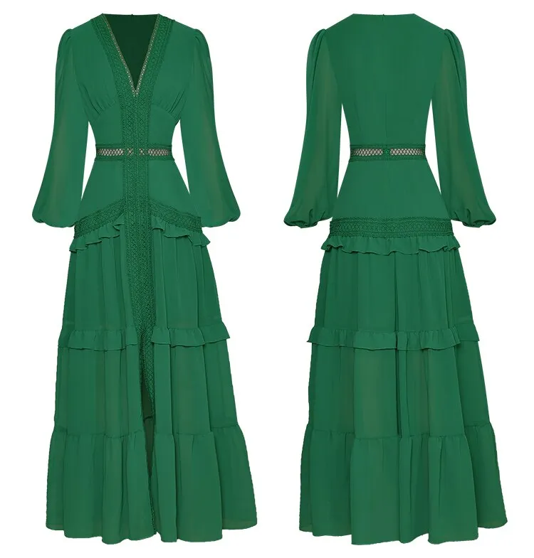 Paola V-Collar Lantern sleeve Hollow Ruffles Casual Green Maxi Dress