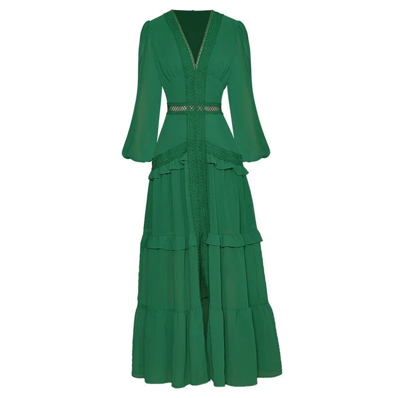 Paola V-Collar Lantern sleeve Hollow Ruffles Casual Green Maxi Dress