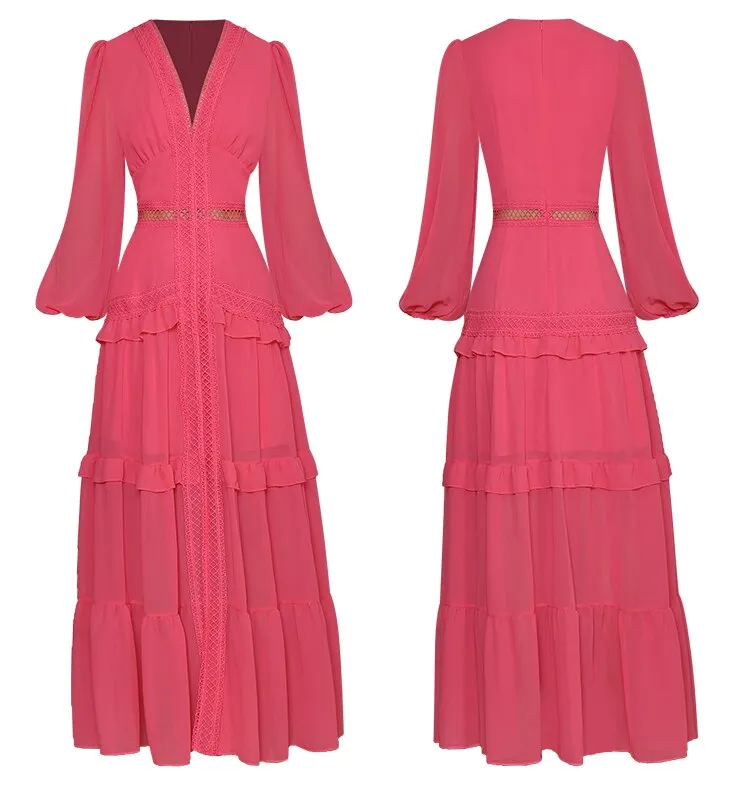Paola V-Collar Lantern sleeve Hollow Ruffles Casual Green Maxi Dress