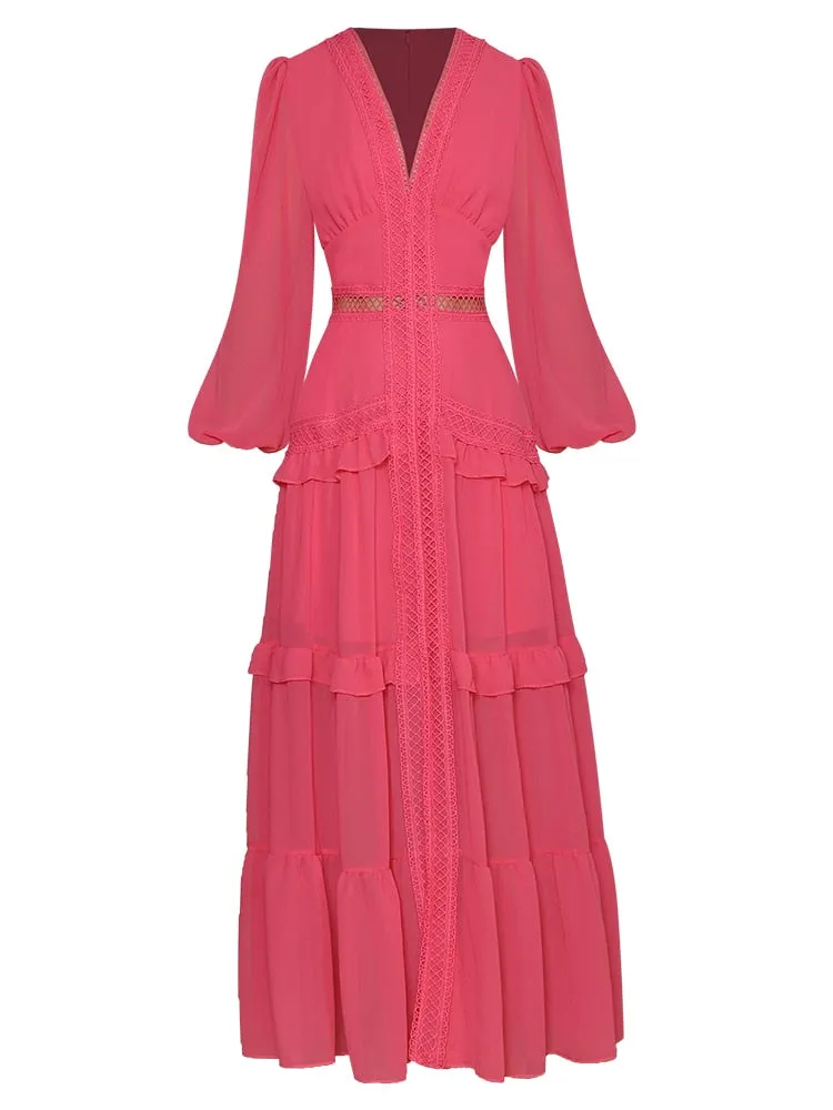 Paola V-Collar Lantern sleeve Hollow Ruffles Casual Green Maxi Dress
