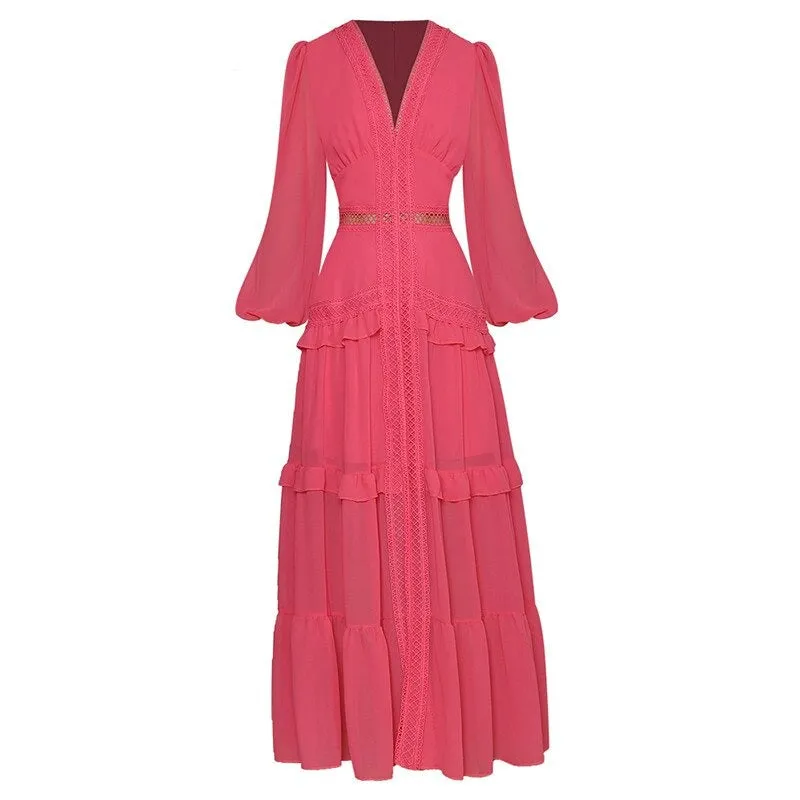 Paola V-Collar Lantern sleeve Hollow Ruffles Casual Green Maxi Dress
