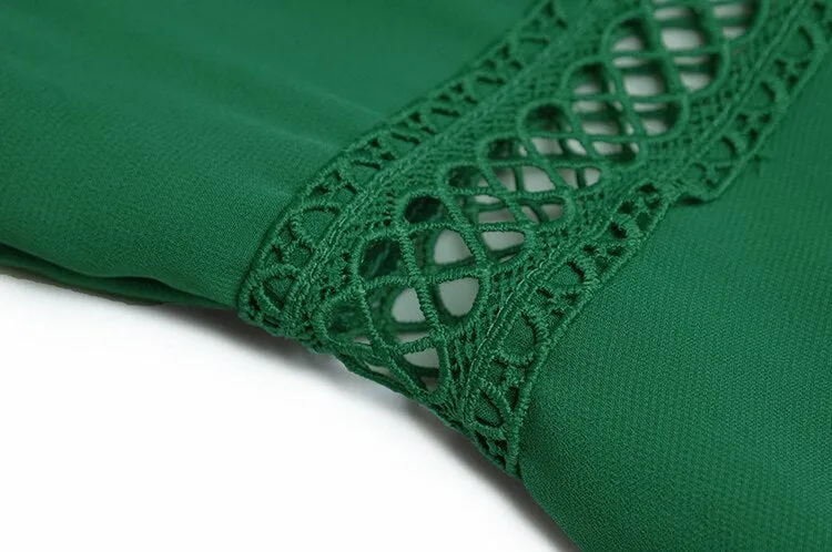 Paola V-Collar Lantern sleeve Hollow Ruffles Casual Green Maxi Dress