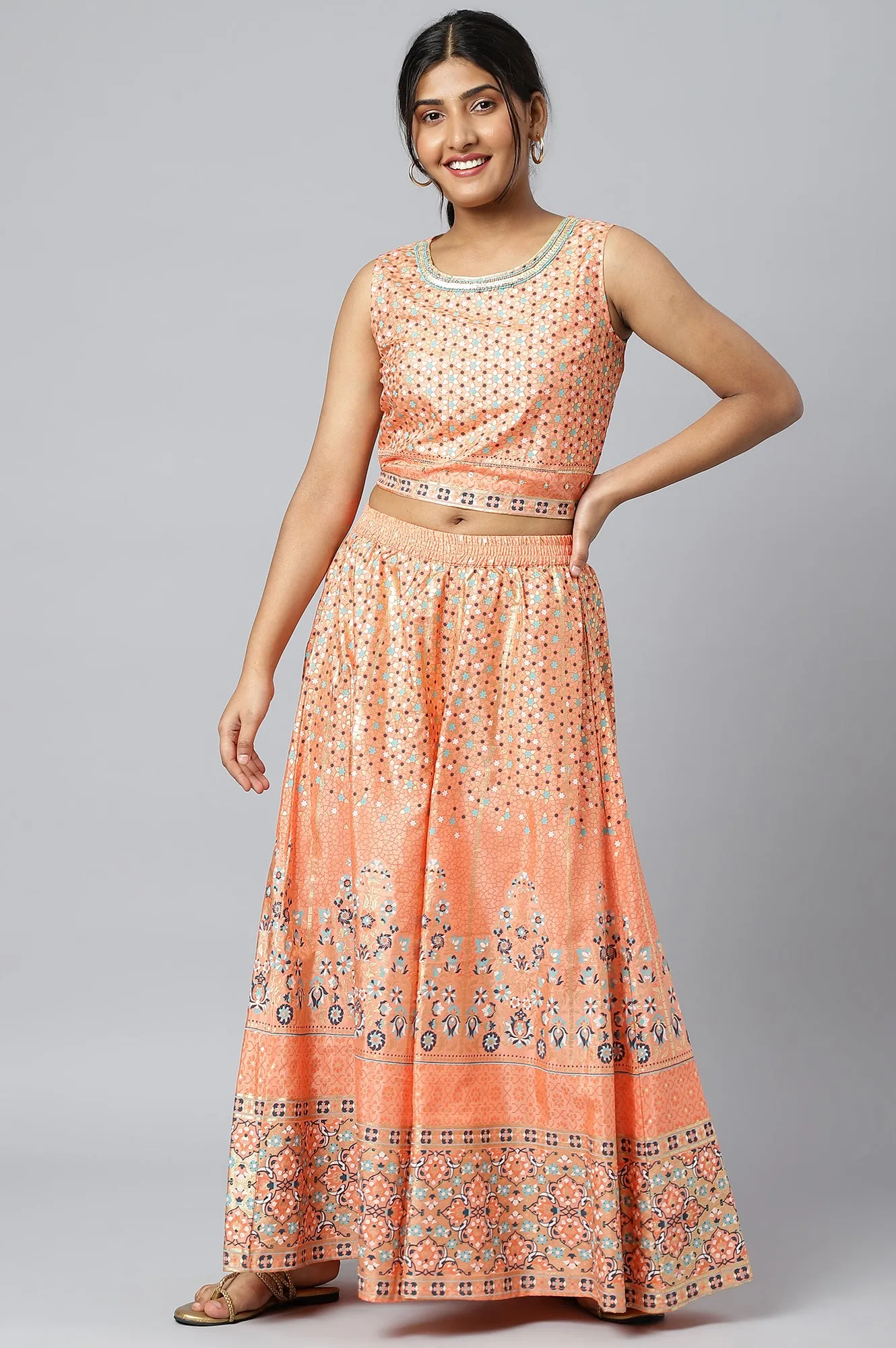 Peach Crop Top with Blue Flared Gillet and Peach Palazzo