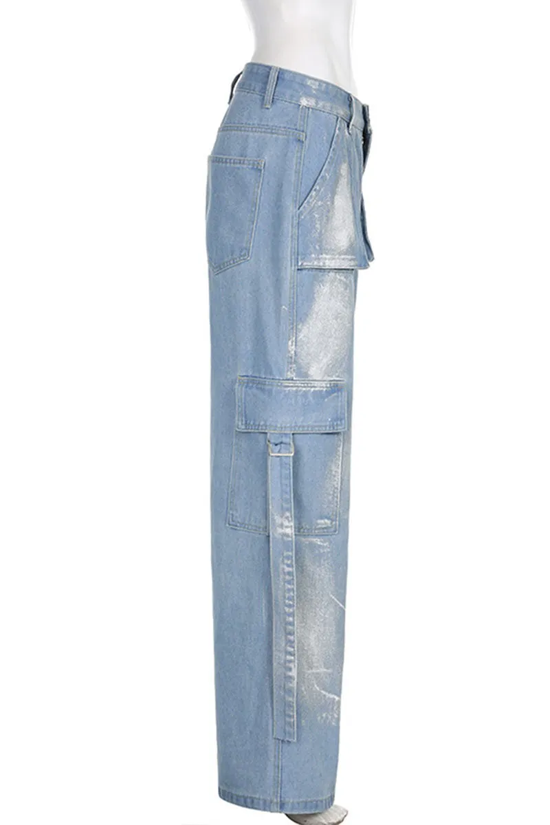 PI772 Silver Denim Cargo Pants
