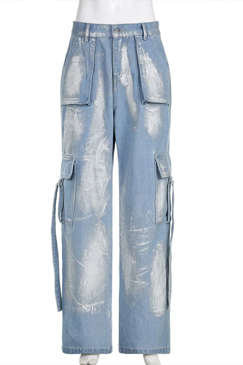 PI772 Silver Denim Cargo Pants