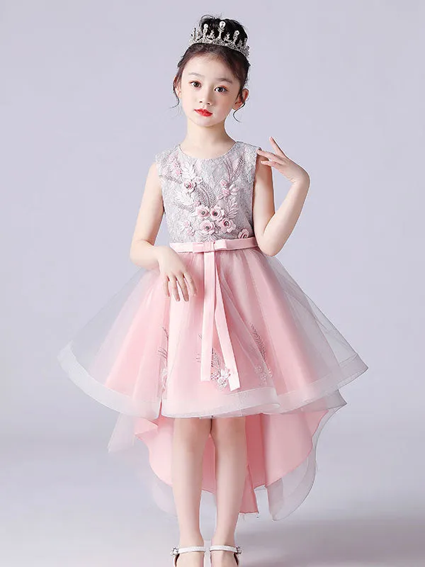Pink Jewel Neck Sleeveless Short Princess Lace Flowers Kids Social Party Dresses