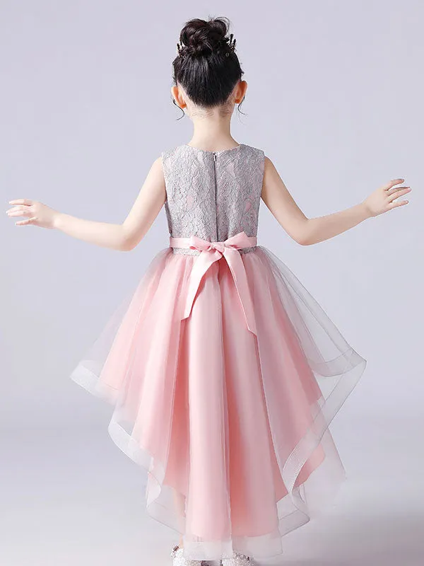 Pink Jewel Neck Sleeveless Short Princess Lace Flowers Kids Social Party Dresses