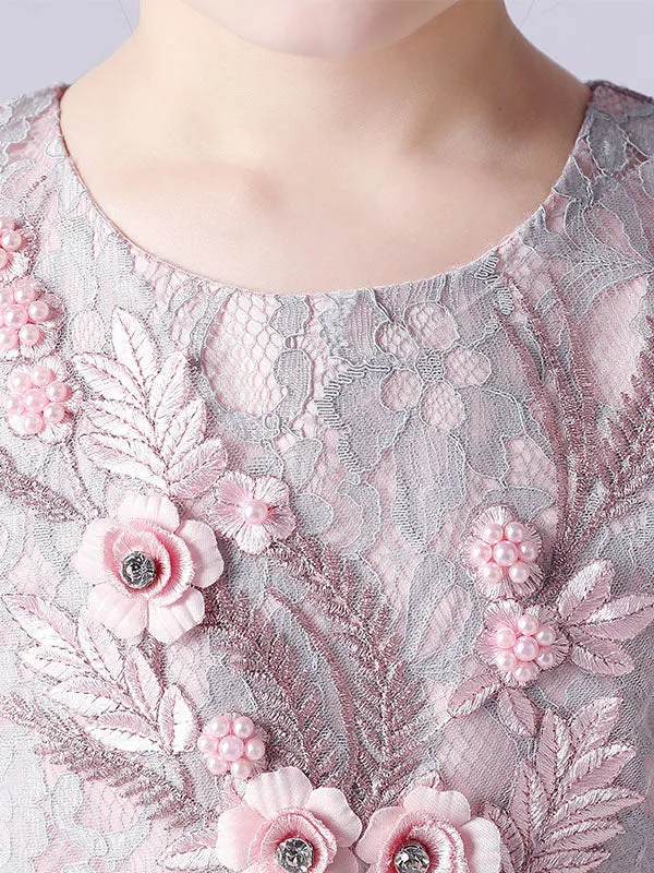 Pink Jewel Neck Sleeveless Short Princess Lace Flowers Kids Social Party Dresses