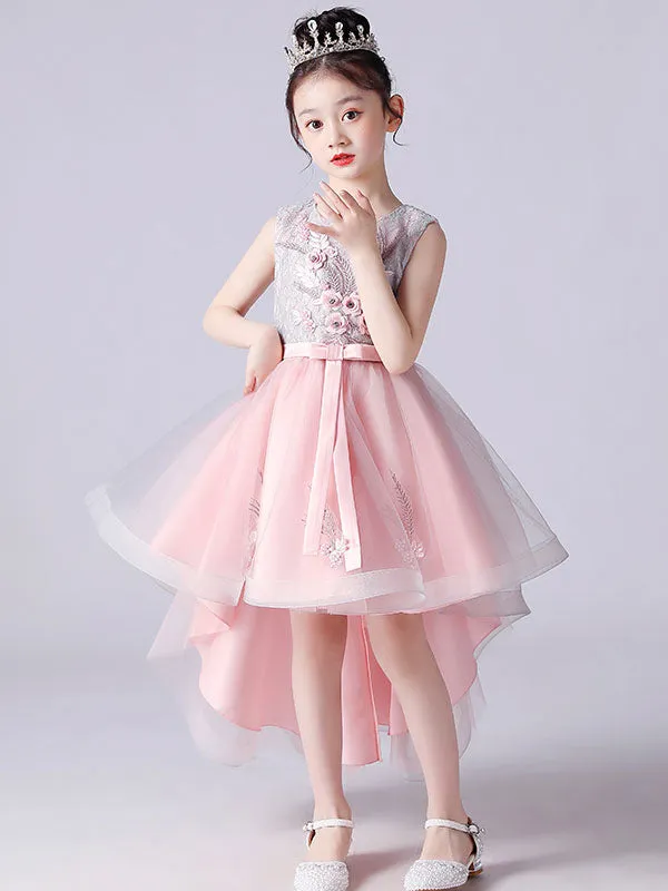 Pink Jewel Neck Sleeveless Short Princess Lace Flowers Kids Social Party Dresses