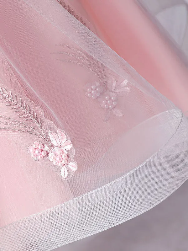 Pink Jewel Neck Sleeveless Short Princess Lace Flowers Kids Social Party Dresses
