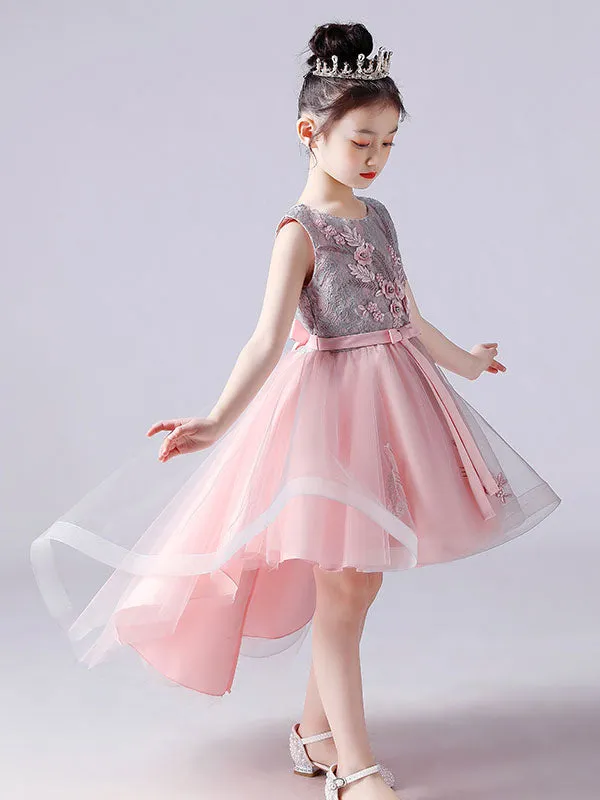Pink Jewel Neck Sleeveless Short Princess Lace Flowers Kids Social Party Dresses