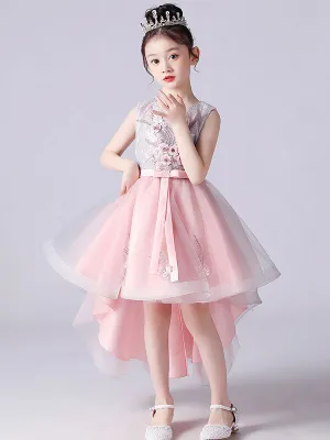 Pink Jewel Neck Sleeveless Short Princess Lace Flowers Kids Social Party Dresses