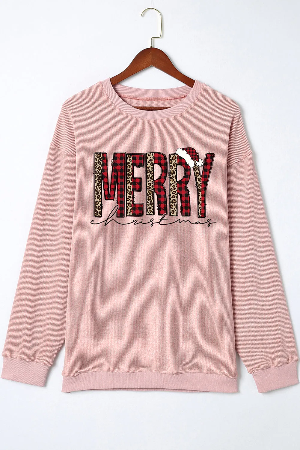 Pink MERRY Christmas Plaid Leopard Print Corded Sweatshirt