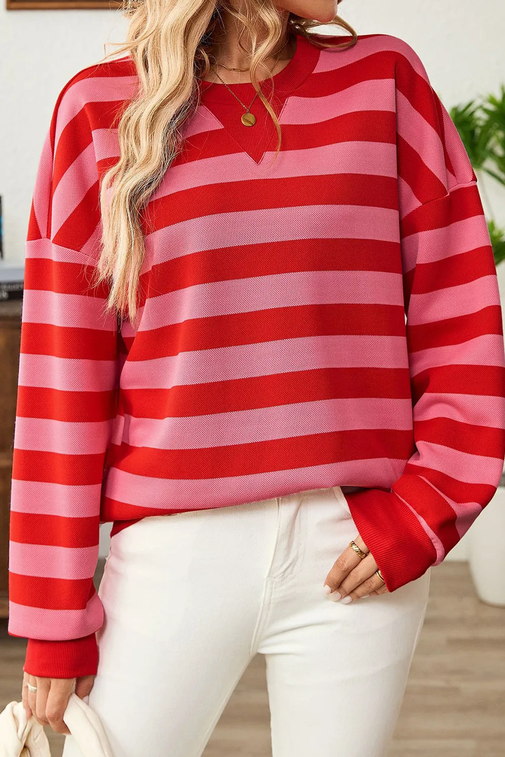 Pink Stripe Collared V Neck Long Sleeve Loose Casual Dress