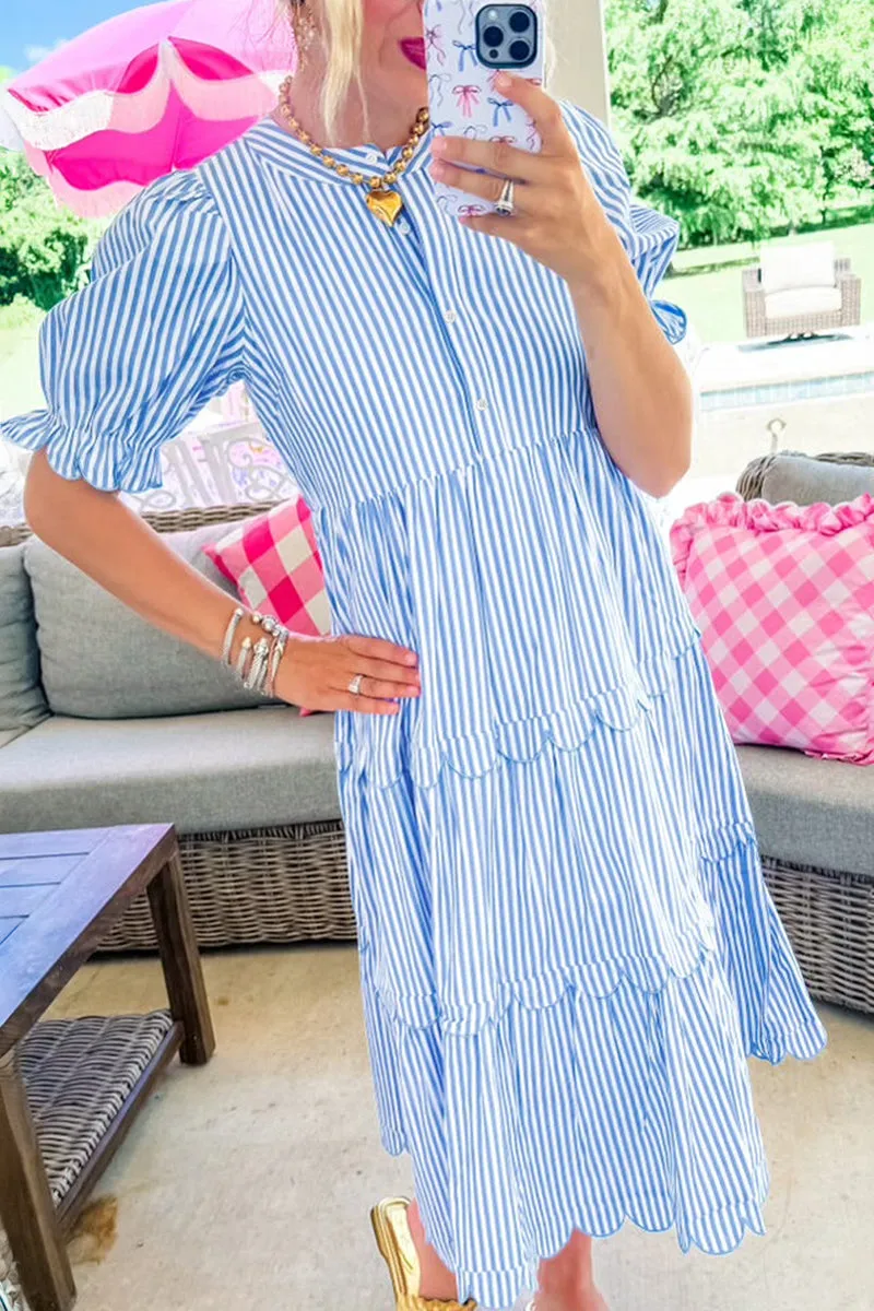 PREORDER! ETA 4/4 Brittany Sky Blue Stripe Scallop Tiered Dress **SHIPPING EXPECTED TO BEGIN ON DATE 4/4**