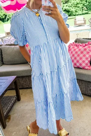 PREORDER! ETA 4/4 Brittany Sky Blue Stripe Scallop Tiered Dress **SHIPPING EXPECTED TO BEGIN ON DATE 4/4**