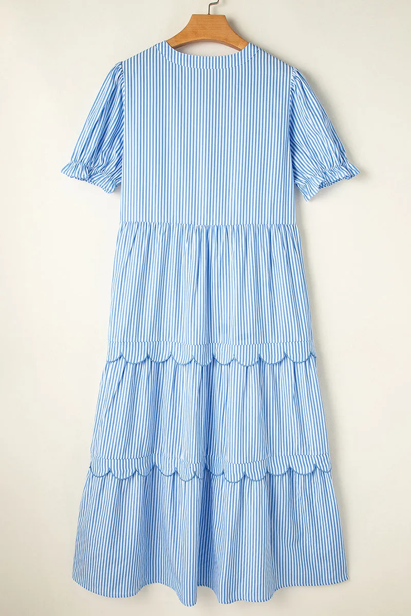 PREORDER! ETA 4/4 Brittany Sky Blue Stripe Scallop Tiered Dress **SHIPPING EXPECTED TO BEGIN ON DATE 4/4**