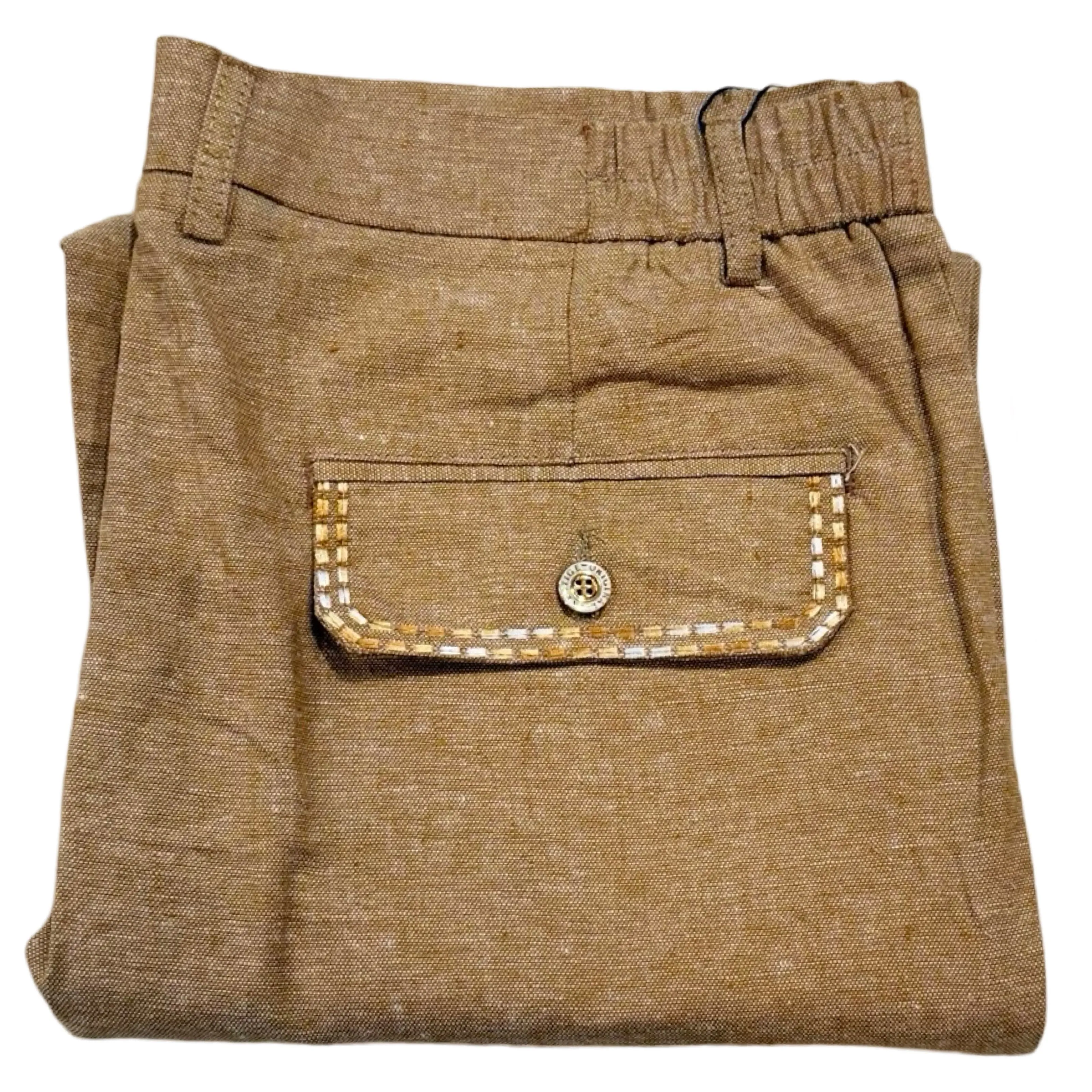 Prestige Khaki Linen Dress Pants with Contrast Stitching