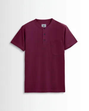 Pure Cotton Henley Pocket T shirts (Wine Red)