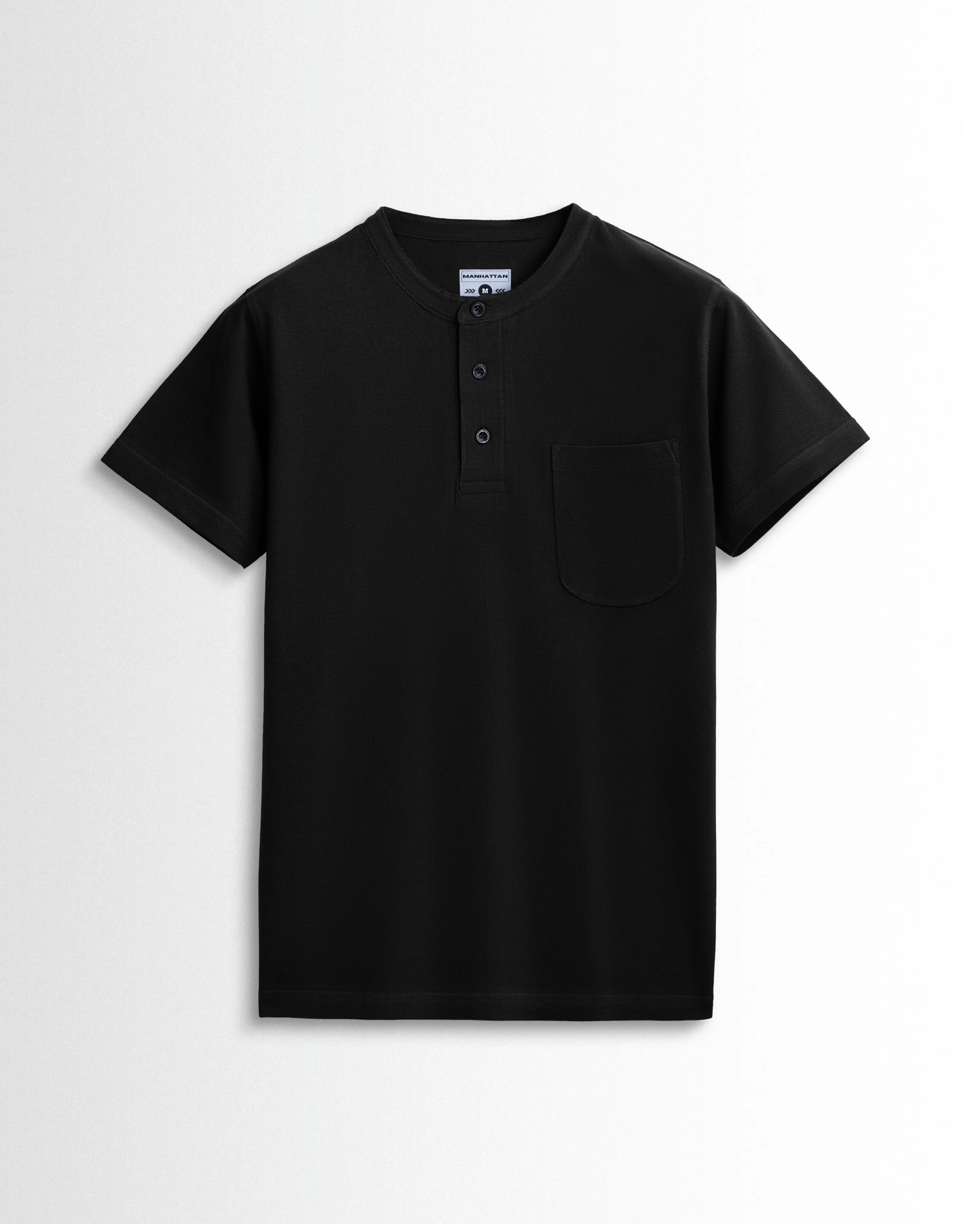 Pure Cotton Henley Without Pocket T Shirt (Black)