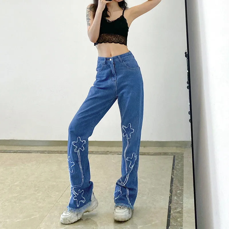"FIVE-POINTED STAR PRINT FRAYED" JEANS N033106