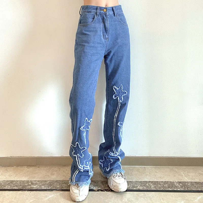 "FIVE-POINTED STAR PRINT FRAYED" JEANS N033106