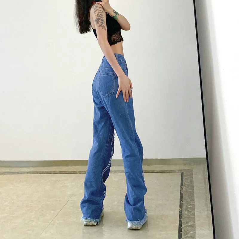 "FIVE-POINTED STAR PRINT FRAYED" JEANS N033106