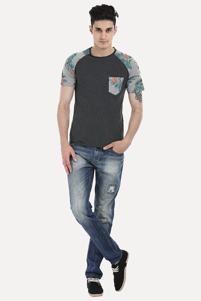 Raglan Tee With Floral Printed Block