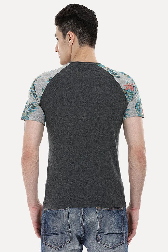 Raglan Tee With Floral Printed Block