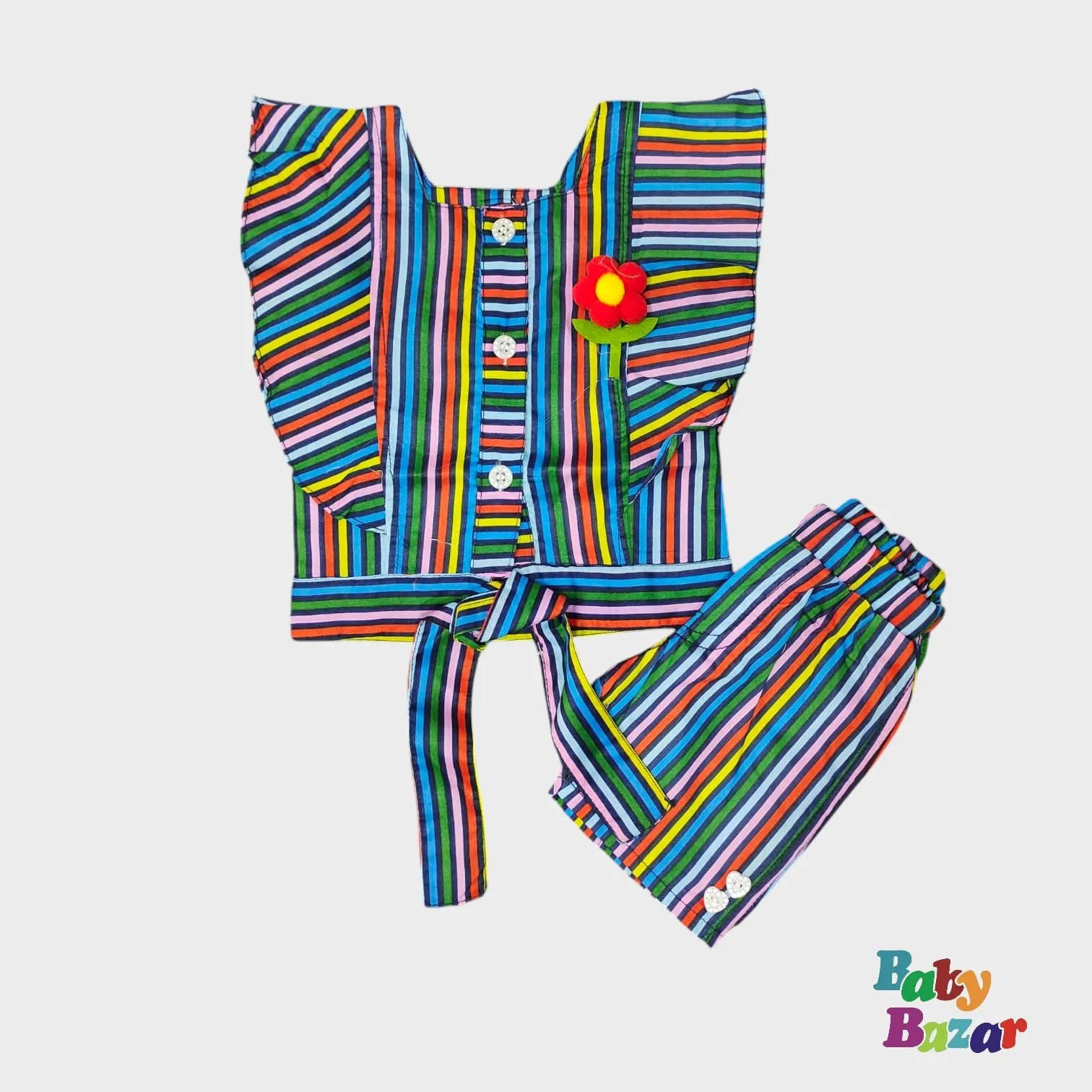 Rainbow Striped Girls' Summer Outfit – Cotton Top & Pants Set