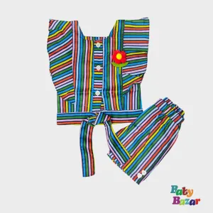 Rainbow Striped Girls' Summer Outfit – Cotton Top & Pants Set