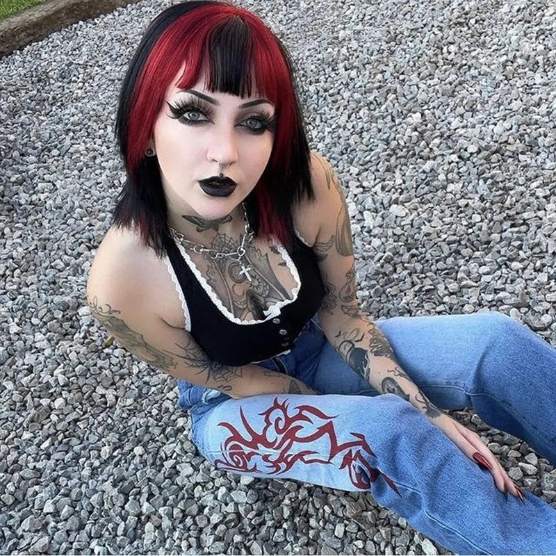 RED FLAME PRINT GRADIENT JEANS UB2588