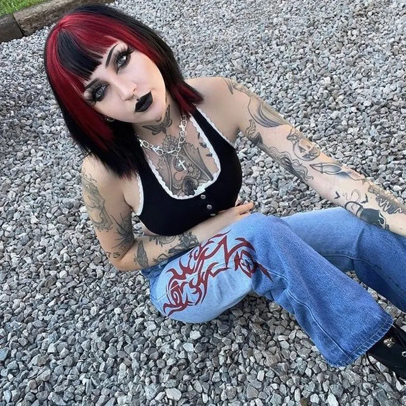 RED FLAME PRINT GRADIENT JEANS UB2588